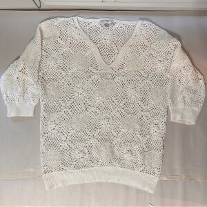 Crochet V-Neck Sweater women’s size Lrg  sand Dollar Cotton open Knit 3/4 Sleeve
